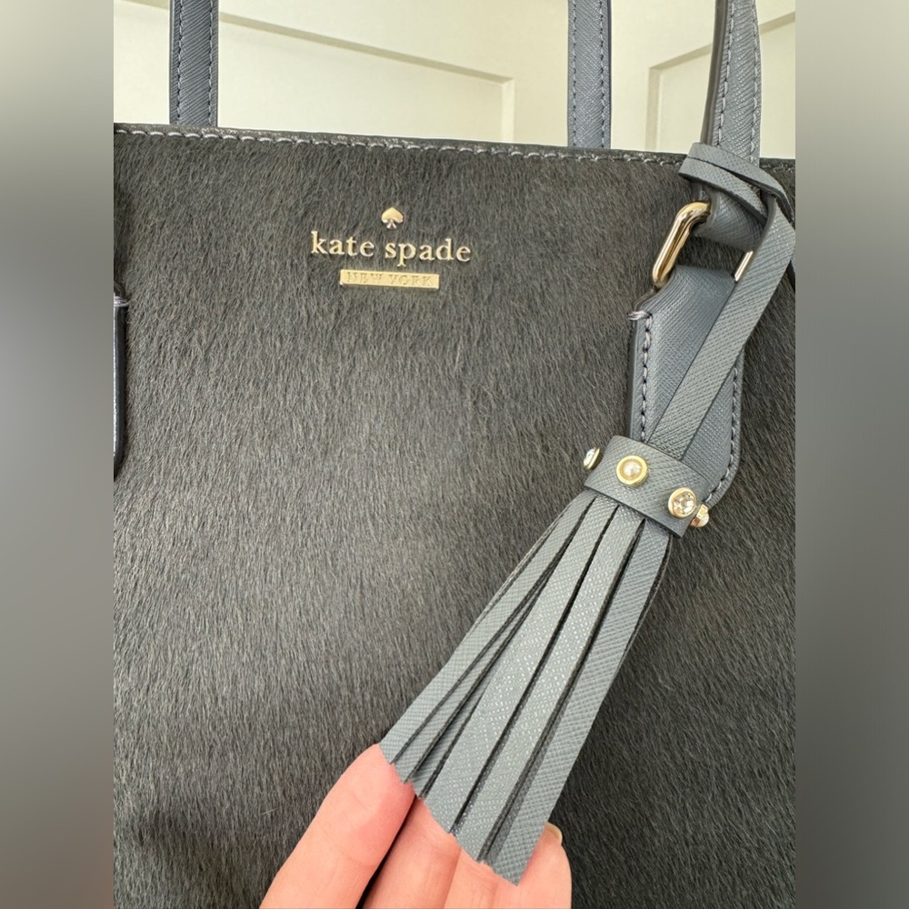 Kate Spade Laurel Way Hadlee Leather with Calf Hair Tote Satchel Gray - Picture 4 of 15
